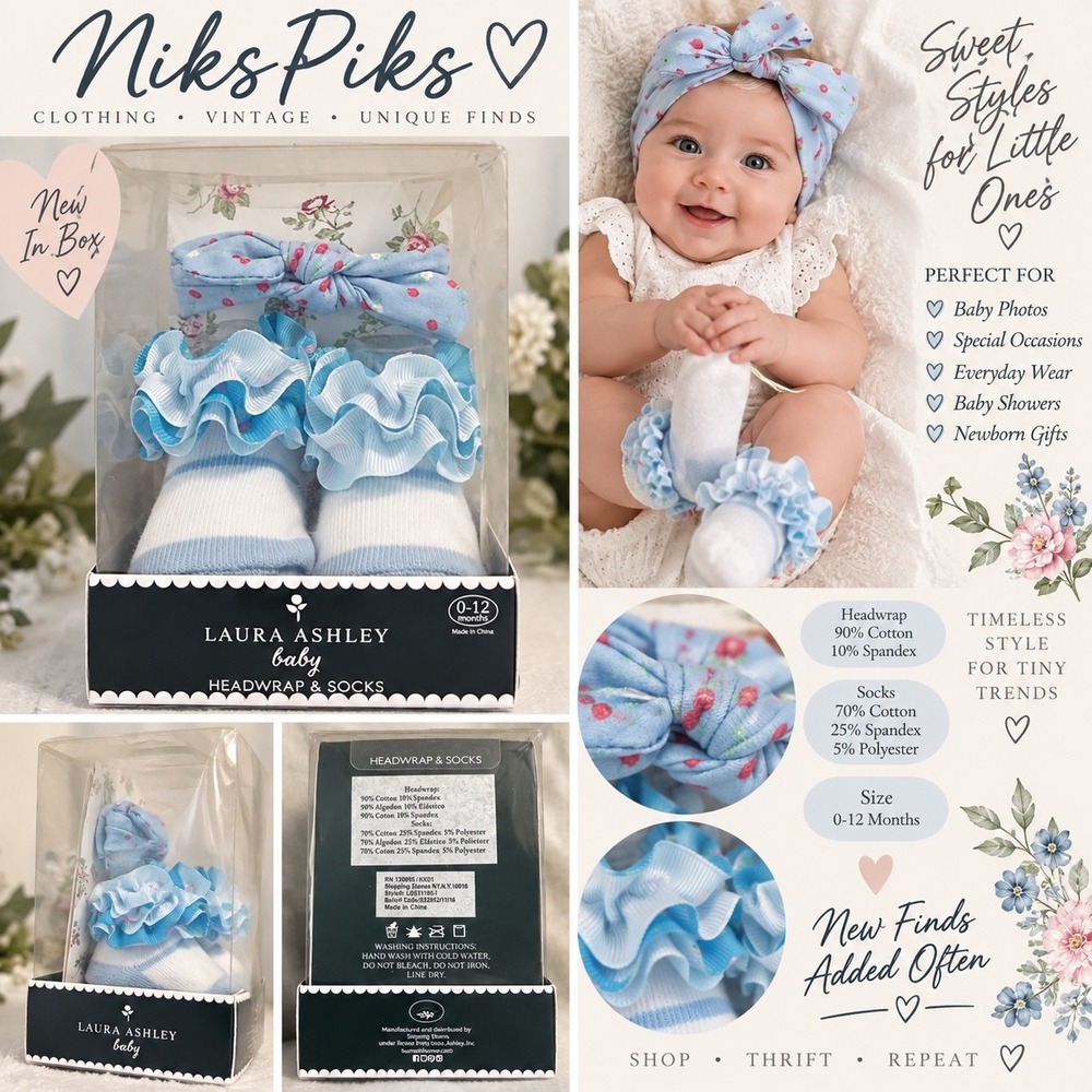 Laura Ashley Baby Headwrap & Ruffle Socks Set 0-12 Months Blue Floral New